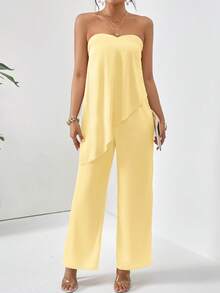 Firerie Conjunto de 2 piezas de top bandeau y pantalones con dobladillo asimétrico de unicolor para mujer - Amarillo claro - Ver 5