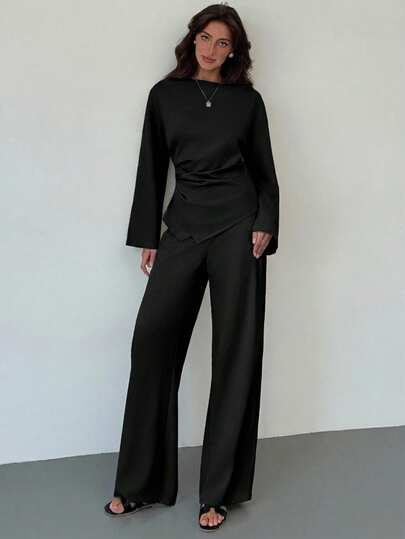 Aloruh قميص نسائي بأكمام جرس مطوي + بنطال نسائي ذو ساق مستقيمة وواسعة، طقم أنيق للمكتب بلون المشمش الهادئ