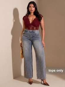 SHEIN BAE 大码女式深V领褶皱连体衣 - 酒紅色 - 查看 1