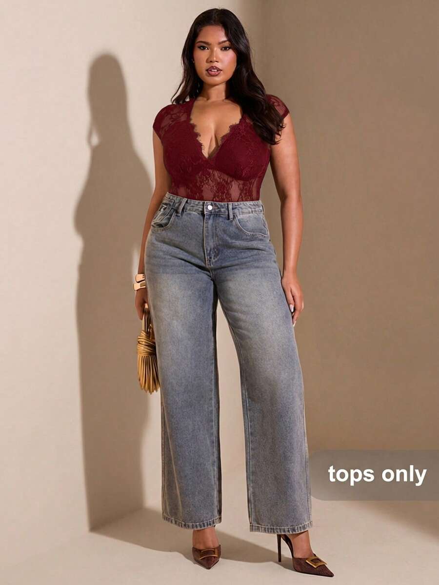 SHEIN BAE 大码女式深V领褶皱连体衣 - 酒紅色 - 查看 1