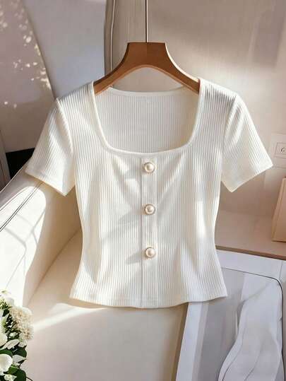 Franclia Women's Simple Solid Color Apricot Square Neck Short-Sleeved Stretch Slim Fit T-Shirt, Suitable For Everyday Wear, Button Decoration, Minimalist Design, Summer, Summer Outfit, Summer Top, Summer Clothing, Women's Summer Outfit, Versatile, Women's Elegant Shirt, Women's Elegant Top, Women's Vacation Outfit, Women's Holiday Outfit, Summer Vacation Outfit, Vacation, Holiday, Women's Vacation Clothing, Summer Vacation Outfit, Women's Casual Top, Women's Casual Outfit, White Top, White Shirt, White Women's Shirt.Graduation Season Attire, Fashionable Casual Commuter Wear, Business Office Wear, Versatile And Stylish Everyday Casual Wear, Urban Teacher's Professional Attire