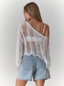 MUSERA 斜领破洞流苏串珠长袖上衣，西部乡村街头风，适合节日、优雅、Y2K、性感、可爱、90年代波西米亚风、中西部风、冬季、圣诞节、工作、办公室等各种场合。 - 白色 - 查看 4