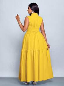 SOLERSUN 加大码蓝色立领前开襟无袖束腰系带连衣裙女式优雅休闲时尚通勤外出连衣裙夏季新款女装 - 芥末黃 - 查看 2