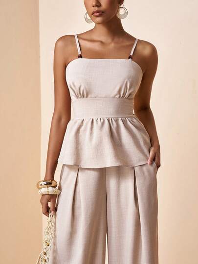 Zivah Women's Solid Color Ruffle Hem Camisole Top And Pocket Wide Leg Pants Casual Outfit