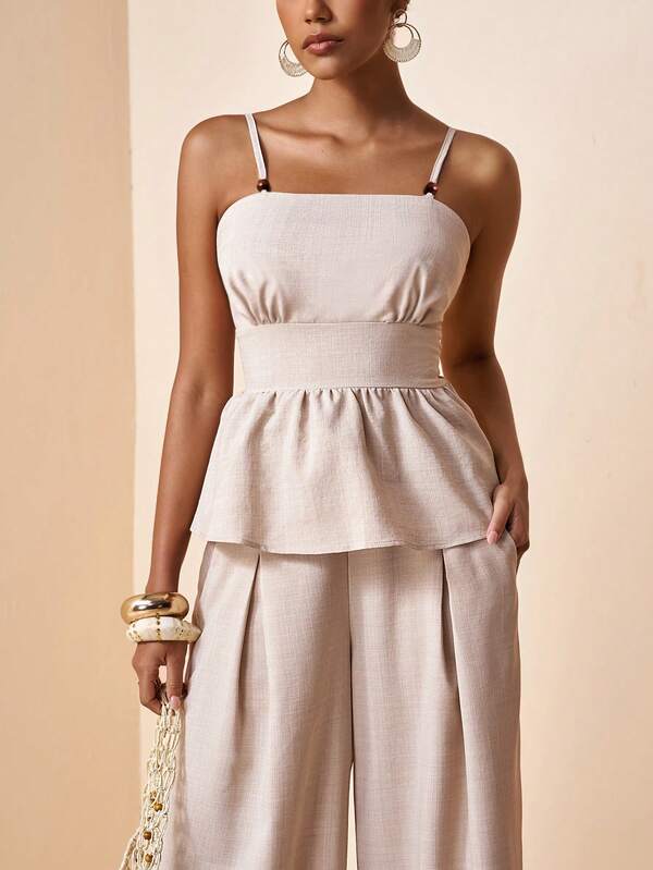 Zivah Women's Solid Color Ruffle Hem Camisole Top And Pocket Wide Leg Pants Casual Outfit