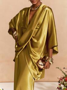 Zivah New Spring/Summer Commuter Elegant Loose Mustard Yellow Crossover Silhouette Top + Satin Skirt Women Two Pieces Set,Suitable For Valentine's Day , Dates, Party, Gatherings, Holidays, Vacation,Nomadic Style, Beach, Seaside,Concerts, Everyday Outings, New Year's, Revelry, Brunch Outfits, Wedding Guest Outfits, Wedding Season,Casual-A - Mustard Yellow - View 3