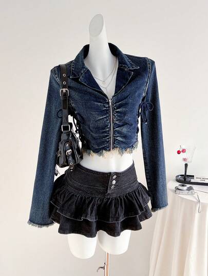 Elamini 女士短款牛仔夹克，带交叉绑带