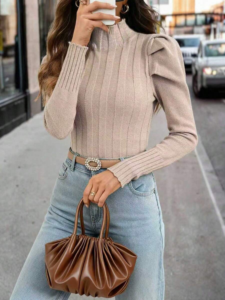 EMERY ROSE 高领羊腿袖针织套头衫秋冬毛衣 - 卡其色 - 查看 1