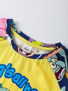 SpongeBob SquarePants | SHEIN 男童字母卡通图案圆领短袖上衣和短裤睡衣套装 - 藍色 - 查看 4