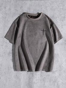 Mirajuku 1pc Teenage Boys Suede-Like Fabric Crew Neck T-Shirt,Korean Style Minimalist Black Summer Street Life Casual Graphic Street Fashion Versatile Top - Grey - View 3