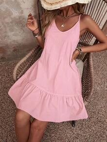 SHEIN VCAY Summer Casual Solid Color Ruffle Strap Dress - Baby Pink - View 7