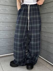FRIFUL Women's Plaid Brushed Wide Leg Casual Pants - Blue - View 6