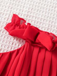 SHEIN 女婴红色蝴蝶结褶皱荷叶边领口和下摆双层荷叶边连衣裙，适合日常、度假、休闲、优雅、可爱装扮 - 紅色 - 查看 5