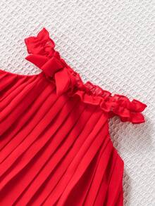 SHEIN 女婴红色蝴蝶结褶皱荷叶边领口和下摆双层荷叶边连衣裙，适合日常、度假、休闲、优雅、可爱装扮 - 紅色 - 查看 6