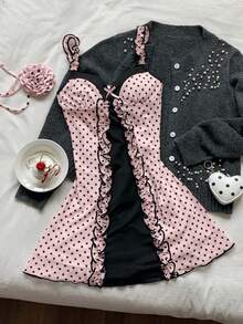 Comfortcana 女士优雅撞色粉色波点印花吊带迷你连衣裙，夏季 - 粉色 - 查看 4