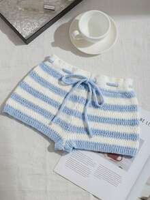 Comfortcana 女士抽绳腰带条纹休闲针织短裤 - 藍色 - 查看 5
