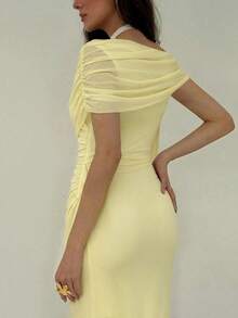 Aloruh 女士纯色荷叶边系带设计优雅束腰连衣裙，适合派对穿着 - 淡黃色 - 查看 8