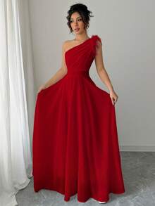 Modelyn 法式复古仙女风时尚单肩连衣裙 - 紅色 - 查看 4