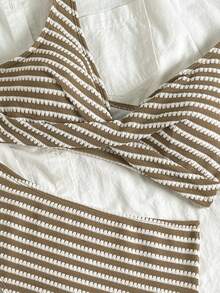 Swim Chiccia Women's New V-Neck Sleeveless Knit Jacquard Fabric Top And High Waist Triangle Bottom Casual Elegant Swimsuit 2-Piece Set, Spring/Summer - Multicolor - View 7