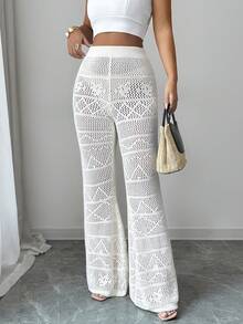 SHEIN Elenzya Women's Elegant Hollow Out Flared Knit Pants - Beige - View 1