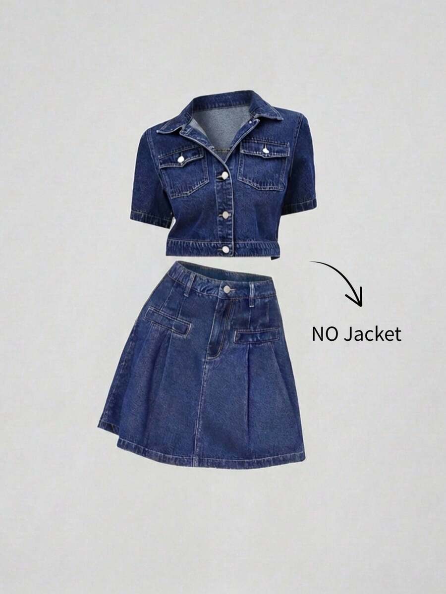 Sweetra 女士时尚休闲百搭欧式优雅褶裥牛仔裙 - 中等水洗藍 - 查看 1