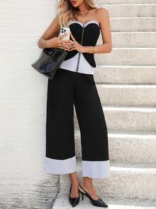 EMERY ROSE 二合一编织抹胸上衣 + 直筒七分裤 - 藍色 - 查看 6