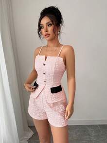Elenzga 2pcs Women Jacquard Camisole Top And Shorts Set - Pink - View 3
