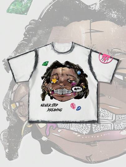 ROMWE MEN Street Life Camiseta casual de hombre con estampado gráfico de retrato artístico, de manga corta