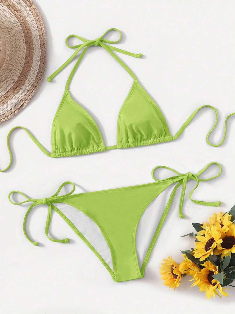 SHEIN Swim 2件套纯色挂脖扭结前比基尼泳衣 - 綠色 - 查看 1