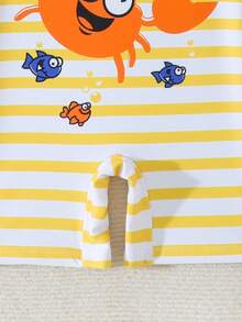 SHEIN GraphicGems Bộ áo tắm tay ngắn raglan kẻ sọc in hình cua cho bé trai đi nghỉ mát, kèm quần short. - trái cam - Xem 4