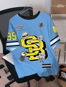 SpongeBob SquarePants | SHEIN Camiseta de manga corta con cuello redondo con estampado de letras y dibujos animados para hombres - Blanco - Ver 1