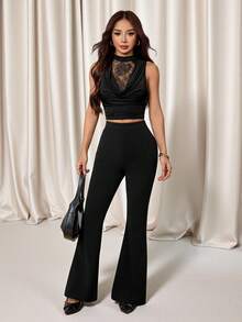 SHEIN PETITE Women's Scoop Neck Lace Fitted Camisole, Spring/Summer - Black - View 2