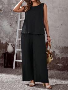 EMERY ROSE 大码女式休闲度假黑色上衣和裤子两件套，舒适带口袋，夏季 - 黑色 - 查看 6