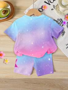 2pcs/Set Baby Girl Casual K-POP Korean Style Cartoon Girl Pentagram Colorblock Tie-Dye Short Sleeve Round Neck T-Shirt And Matching Shorts Set, Suitable For Holiday Casual Wear - Multicolor - View 3