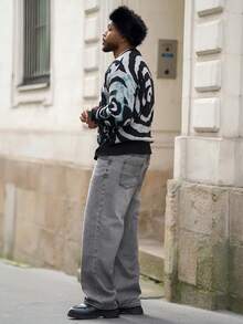 Heavens Edit Men's Casual Loose Kitten Graphic Knit Sweater, Crew Neck Long Sleeve Pullover, Streetwear For Autumn/Winter - Grey - View 4