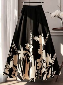 SHEIN CURVE+ 大码女式碎花优雅休闲浪漫A字裙 - 黑色 - 查看 1