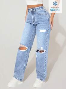 SHEIN PETITE Women's High Waist Pocketed Distressed Wide Leg Loose Casual Denim Jeans - Blue - View 4
