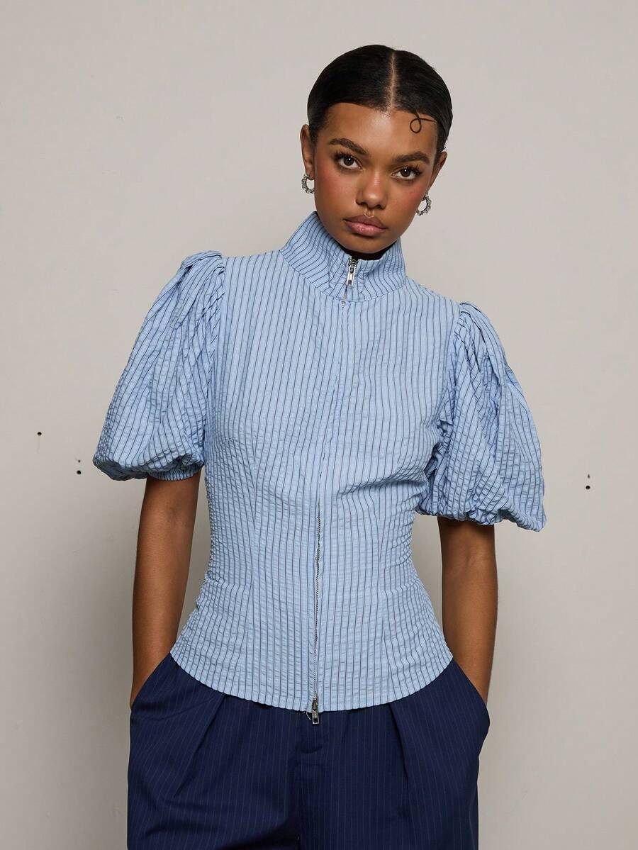COUREZ PUFF SLEEVE HIGH NECK SHIRT IN STRIPE - Baby Blue - View 1