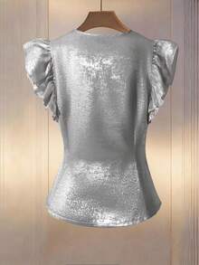 Modelyn Women's Metallic Overlap V-Neck Ruffle Sleeve Side Pleated Blouse - Apricot - View 2