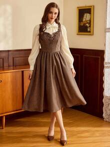 Vintamour Vintage Classic Elegant Women Embroidered Fitted Tank Dress, Brown Brown Elegant Dress Women Coffee Brown Dress Cottagecore Dress French Style Dress Spring Outfit Women Spring Dress For Women - Brown - View 5