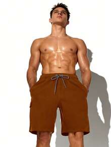Manfinity KASUA Men's Drawstring Waist Cargo Pocket Casual Beach Shorts - Coffee Brown - View 4