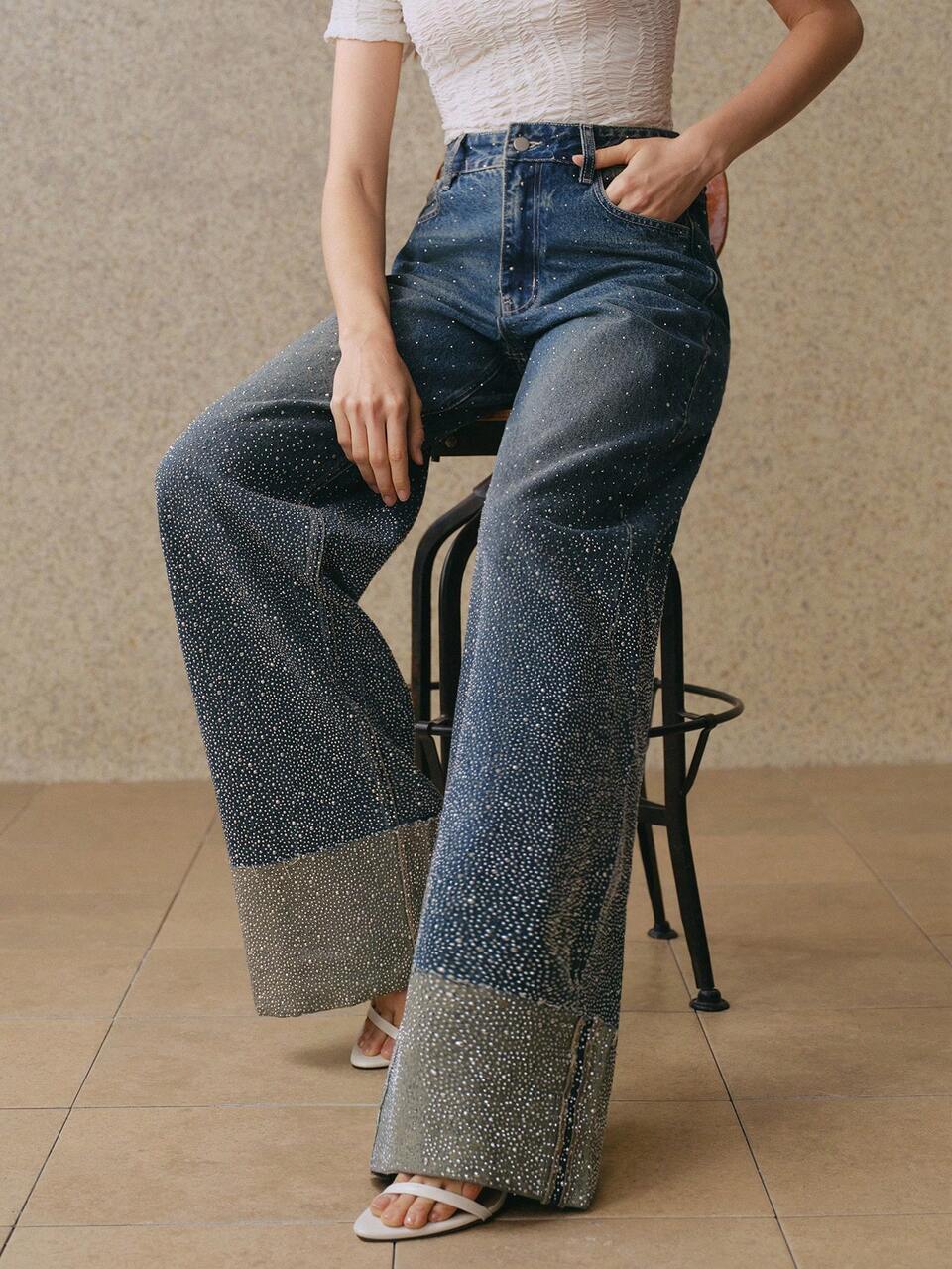 Anewsta New Rhinestone Embellished Women's Blue Straight Leg Jeans Bling Jeans Studded Jeans Wide Leg Jeans Woman Rhinestone Denim Rhinestone Jeans
