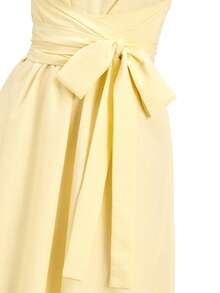 Ellevyn 女士优雅黄色纹理面料圆领系带A字口袋连衣裙，适合度假、通勤、海滩、旅行、约会及多种场合。 - 鵝黃色 - 查看 5