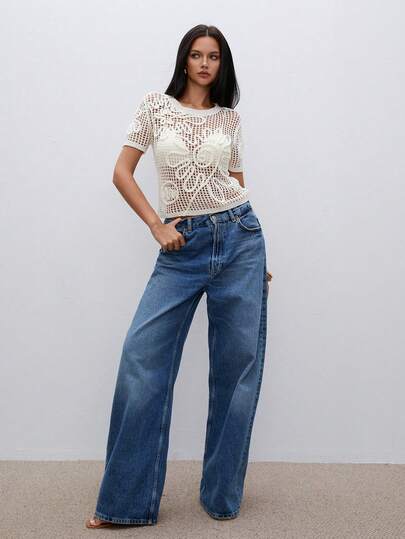 ATUI Studio Blusa de punto de manga corta con estampado floral y calado para el verano de las mujeres