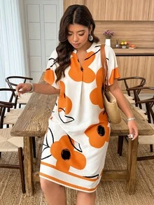EMERY ROSE Plus Size Floral Print Notched Neck Casual Short Sleeve Dress - Orange - View 3