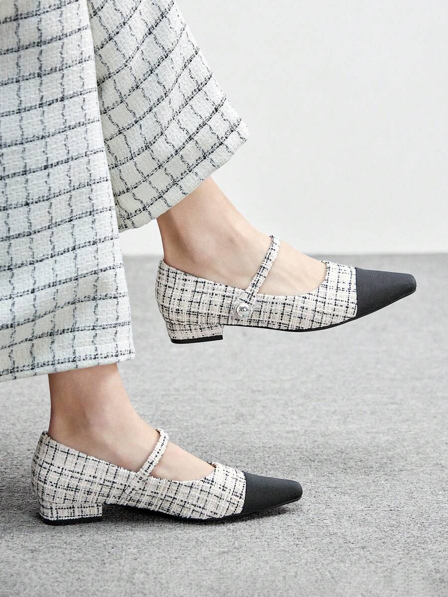 CUCCOO BIZCHIC Women's New Gray French Low Heel Pointed Toe Simple Fashionable Knitted Mary Jane Shoes For Christmas Spring Shoes - Beige grid - View 1