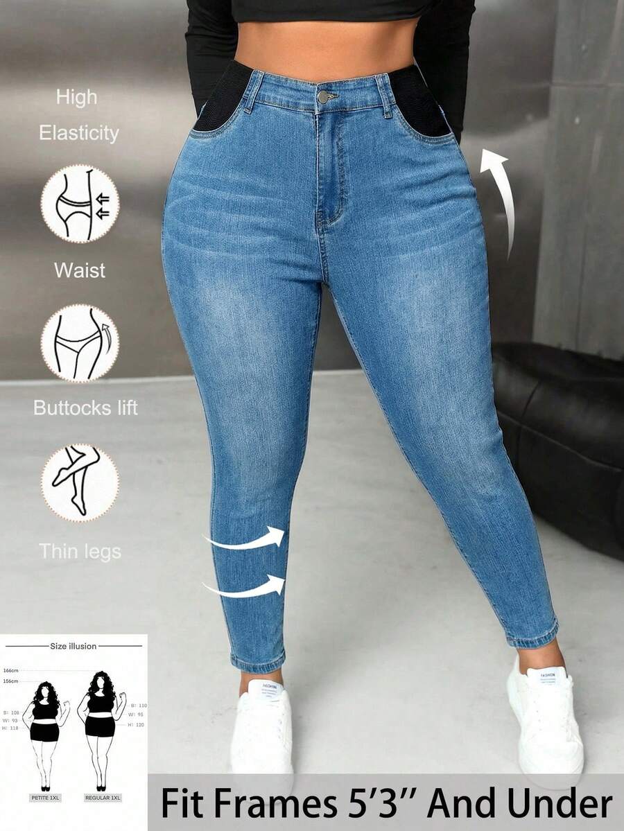 SHEIN PETITE CURVE Plus Size Women Blue Denim Stretch Skinny Jeans - Light Wash - View 1