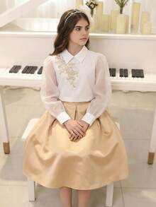 SHEIN Girl's Elegant Formal Clothing Set,Long-Sleeved White Shirt & Apricot Half-Length Skirt,Spring Autumn Wedding Party Mixed Dress Set For Children - Multicolor - View 10