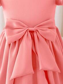 Glamorique Kids 年轻女孩优雅高档酒红色缎面蝴蝶结装饰泡泡袖连衣裙，正式场合穿着 - 粉色 - 查看 5