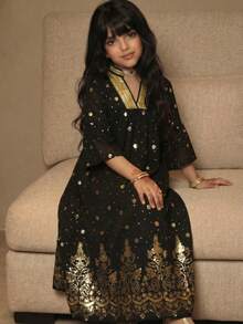 SHEIN Robe élégante de style arabe du Moyen-Orient avec motif métallique pour les jeunes filles - Noir - Voir 2
